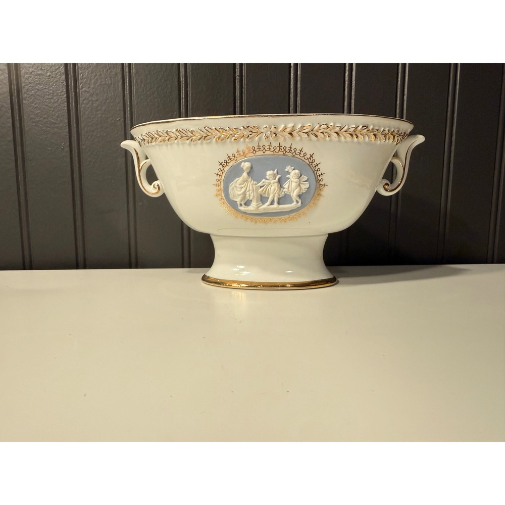 Vintage Porcaline Jasperware Vase Bowl Angels Medallion cherubs